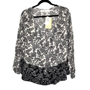 Vintage Havana Cream Black Paisley Print V-Neck Peasant Blouse NWT